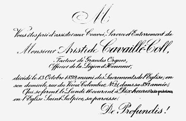avis de d&eacute;c&egrave;s d'Aristide Cavaill&eacute;-Coll