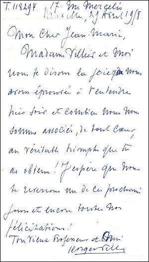 Lettre de flicitations autographe signe de Georges Villier  Jean Marcor, 29 aot 1958.