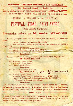 Affiche du Festival Vidal Saint-Andr de la Schola Cantorum