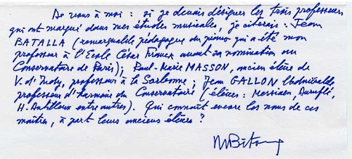 Extrait d'une lettre de Marcel Bitsch: ses professeurs.