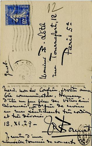 Verso de la carte postale de Joseph Bonnet