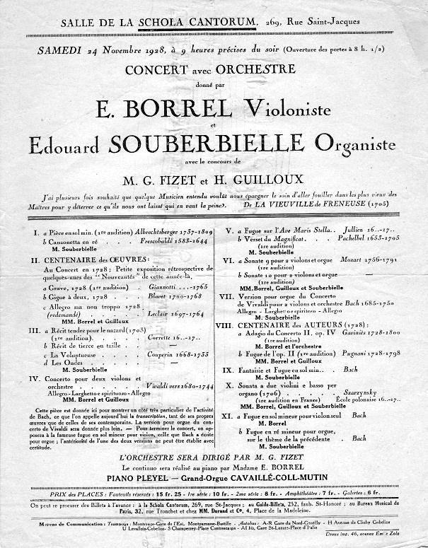 Affiche concert Eugène Borrel (violon) et Edouard Souberbielle (orgue), avec Mme Borrel au piano, le 24 novembre 1928 à la Schola Cantorum 