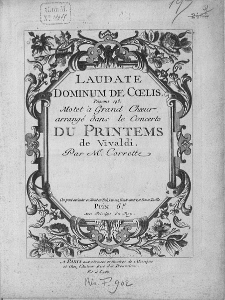 Laudate Dominum de coelis, Psaume 148, Motet  Grand choeur arrang dans le Concerto du Printemps de Vivaldi par Mr Corrette, couverture