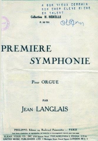 Dédicace de Jean Langlais à Germain Desbonnet sur la partition de sa 1ère Symphonie
