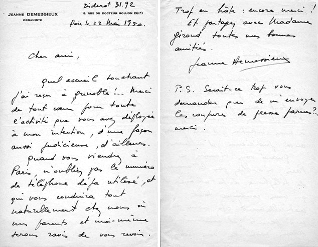 Lettre de Jeanne Demessieux