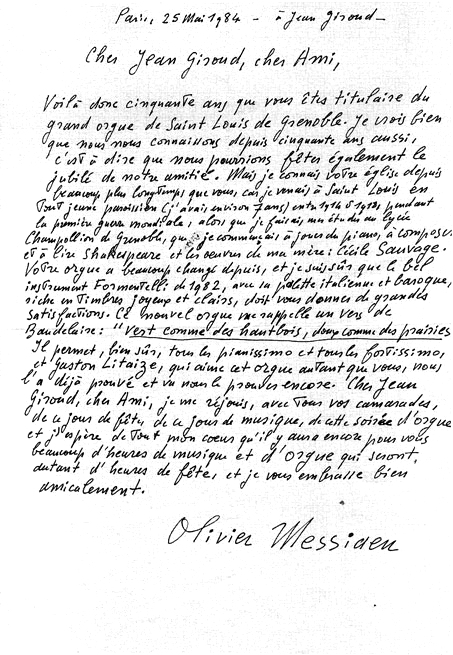 Lettre d'Olivier Messiaen
