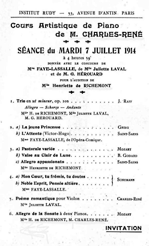 Invitation, audition  l'Institut Rudy, 1914