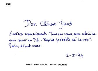 Carte autographe de Dom Clément Jacob
