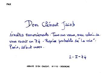 Carte autographe de Dom Clment Jacob