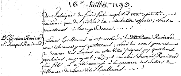 Lausanne, 16 juillet 1793, ''tolrance'' de 4 ans accorde  Genevive Ravissa.
