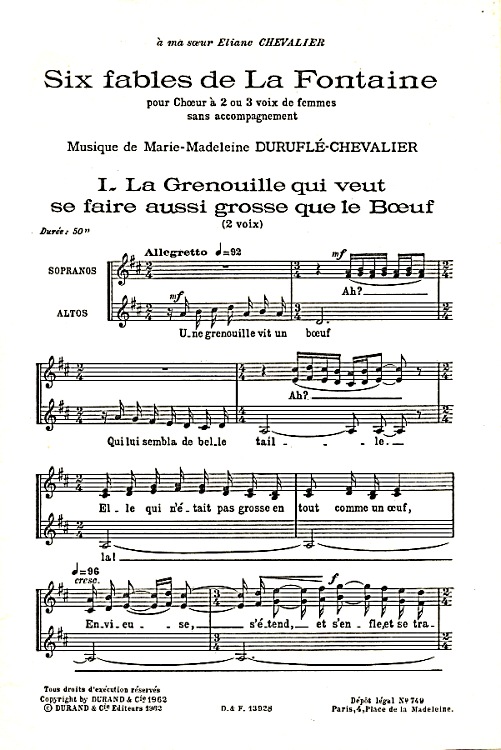 Marie-Madeleine Durufl-Chevalier, Six fables de La Fontaine pour choeur  2 ou 3 voix de femmes sans accompagnement