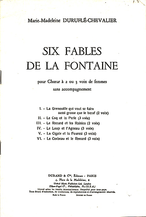 Marie-Madeleine Durufl-Chevalier, Six fables de La Fontaine pour choeur  2 ou 3 voix de femmes sans accompagnement
