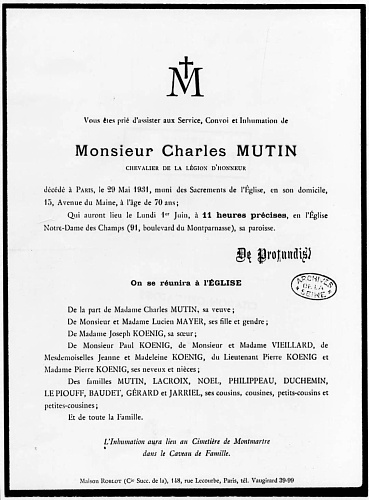 Faire-part de décès de Charles Mutin
