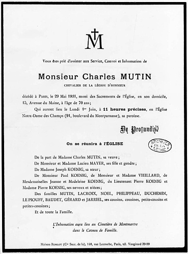 Faire-part de dcs de Charles Mutin