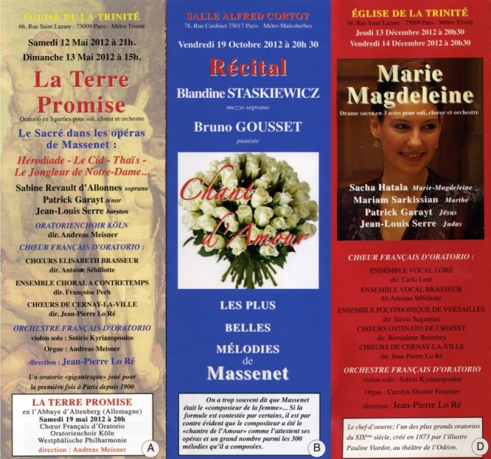 Concerts commmoratifs, centenaire de la mort de Massenet en 2012.