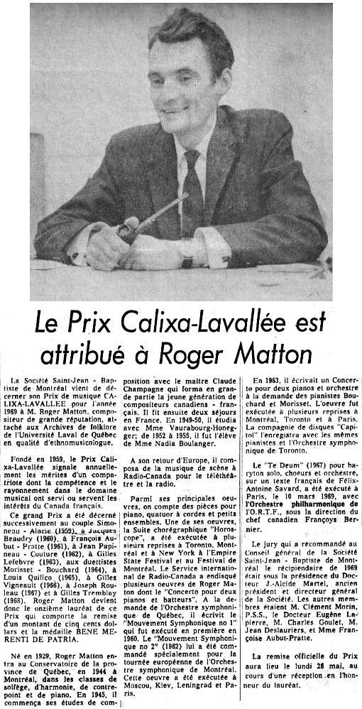 Prix Calixa-Lavalle dcern  Roger Matton