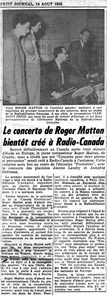 Cration du concerto de Roger Matton