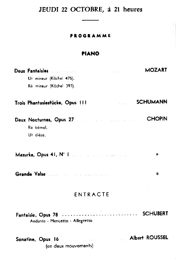 Programme récital de Françoise Petit le 22 octobre (piano) 1964, Salle Gaveau à Paris 
