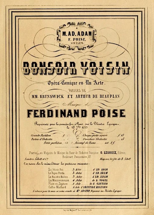 Bonsoir voisin, opra-comique en 1 acte (1853), couverture de la partition 