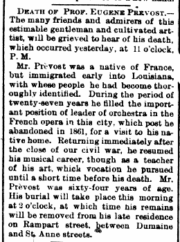 Avis de dcs d'Eugne Prvost dans le Daily Picayune, 20 aot 1872