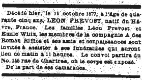 Avis de dcs de Lon Prvost, L'Abeille de la Nouvelle-Orlans, 12 octobre 1877