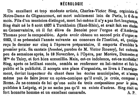 Article nécrologique dans Le Ménestrel (Victor Sieg)