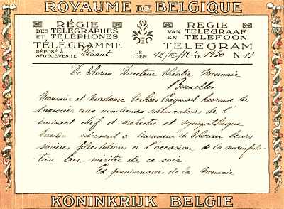Télégramme de félicitations adressé par M. et Mme Verhees-Cagniart à Corneil de Thoran