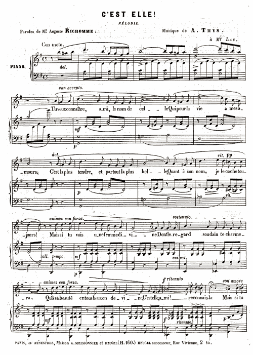 C'est elle!, mélodie d'Alphonse Thys, paroles d'Auguste Richomme, chantée par M. Lac - Paris, Au Ménestrel, 1843 (DR)