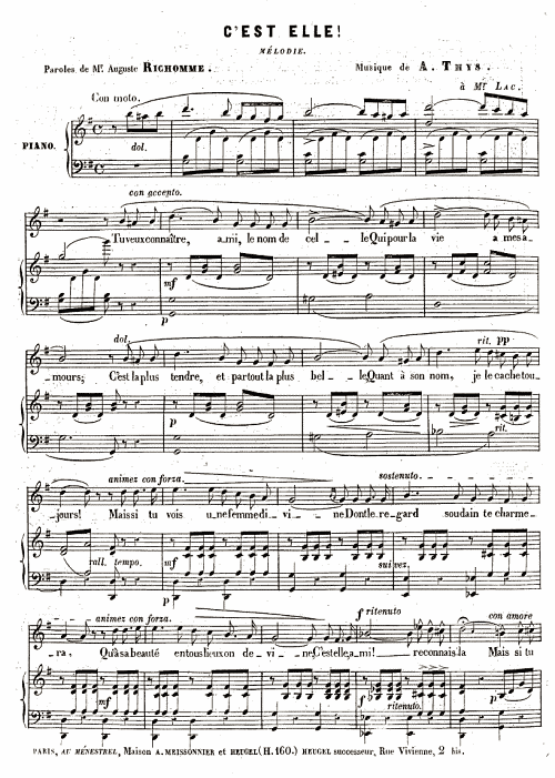 C'est elle!, mlodie d'Alphonse Thys, paroles d'Auguste Richomme, chante par M. Lac - Paris, Au Mnestrel, 1843 (DR)