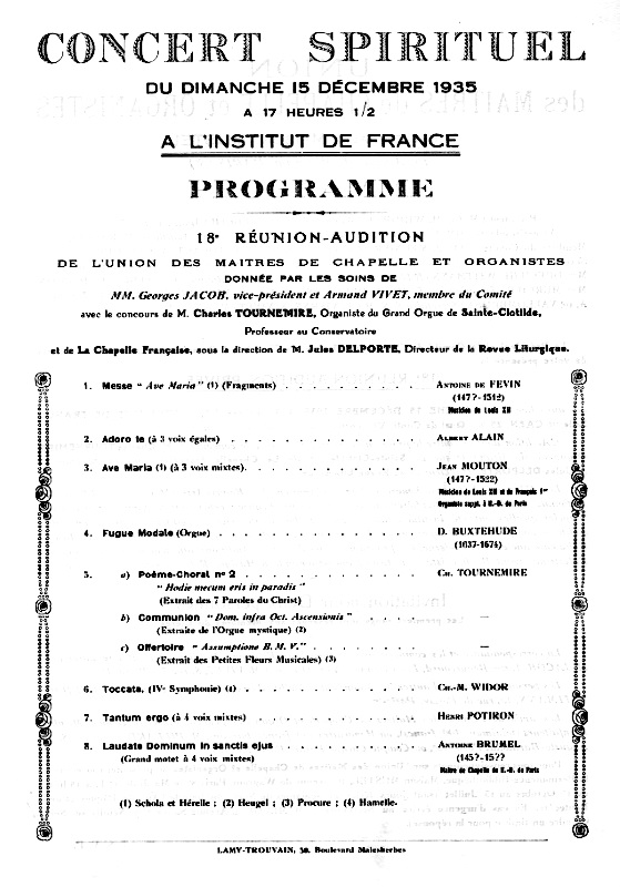 Tournemire: affiche concert spirituel du 5 dcembre 1935