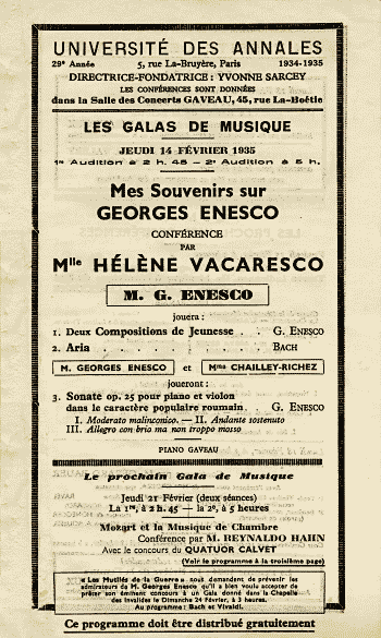 Affiche conférence Hélène Vacaresco, 14 févier 1935