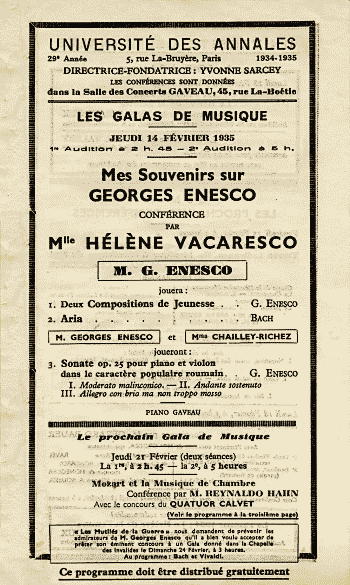 Affiche confrence Hlne Vacaresco, 14 fvier 1935