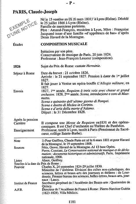 Dictionnaire biographique des pensionnaires de l'Académie de France à Rome: exemple de notice
