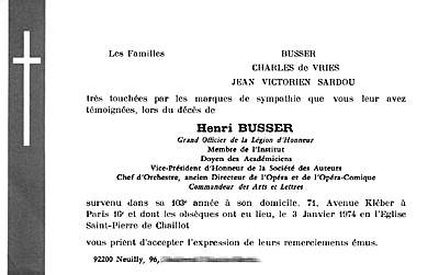 Carte de remerciement aprs les obsques d'Henri Bsser