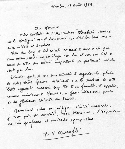 Lettre manuscrite de Marie-Madeleine Durufl
