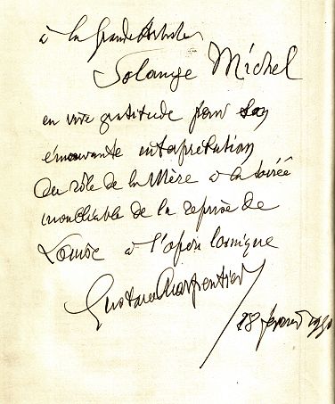 Envoi autographe signé de Gustave Charpentier à Solange Michel