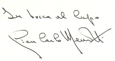 Billet autographe signé accompagnant un bouquet de fleurs, de Gian Carlo Menotti à Solange Michel